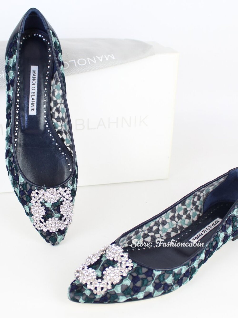 NEW Manolo Blahnik Hangisi Crystal Buckle Lace Flats YWOV EU 39